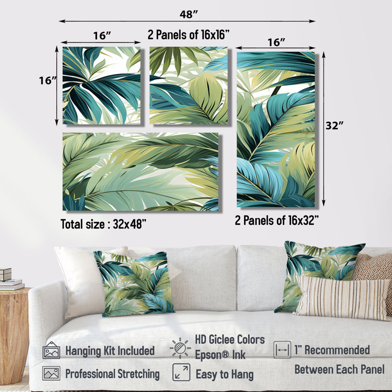 Palmier, motif tropical - art mural vert, 4 pièces, Toile tendue, Ne s’applique pas