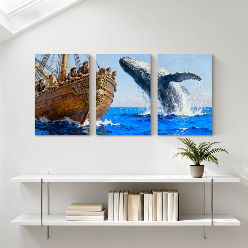 «Nautical Ship Crew Whale Ocean Adventure», ensemble de 3 impressions d'art sur toile, H 18 po x l 36 po