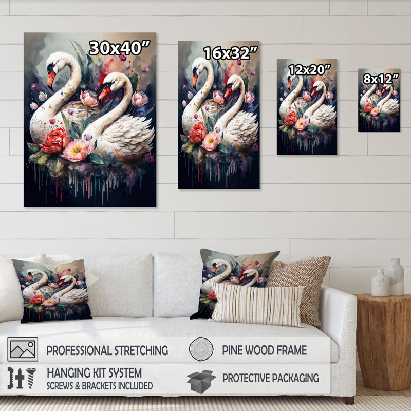 «Cute Swans Floral Art I», art mural sur toile, L 30 po x H 40 po, Toile tendue
