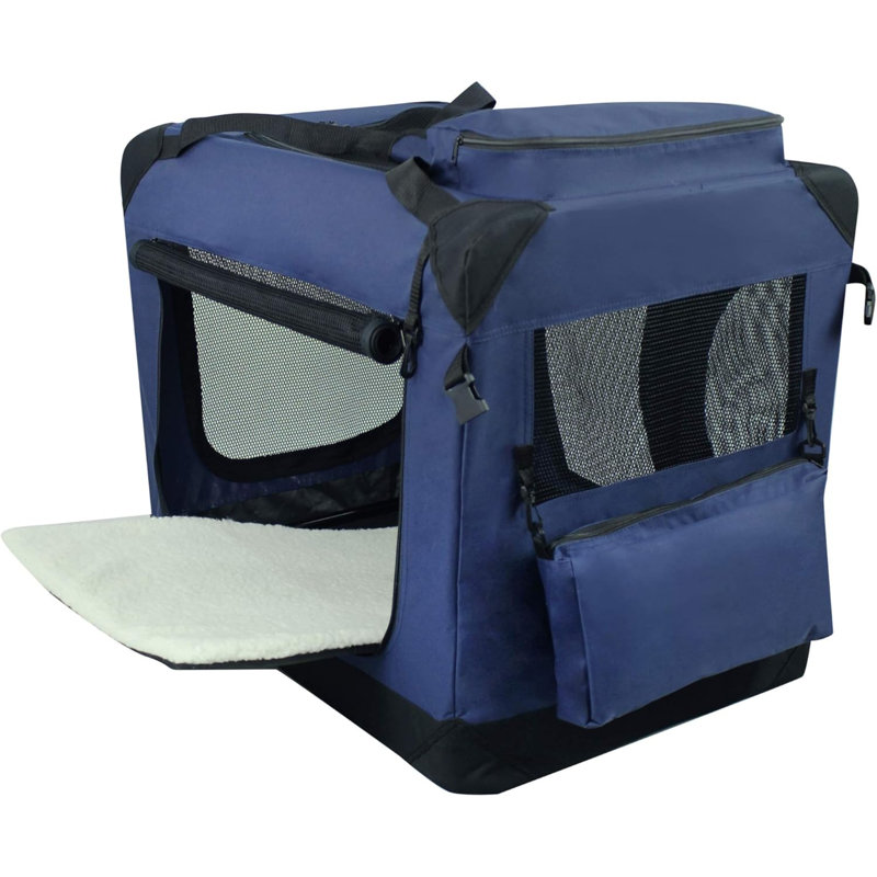 Cage pour chien pliante à 3 portes avec sac de transport et lit molletonné, 32" H x 28" W x 42" D, Marine