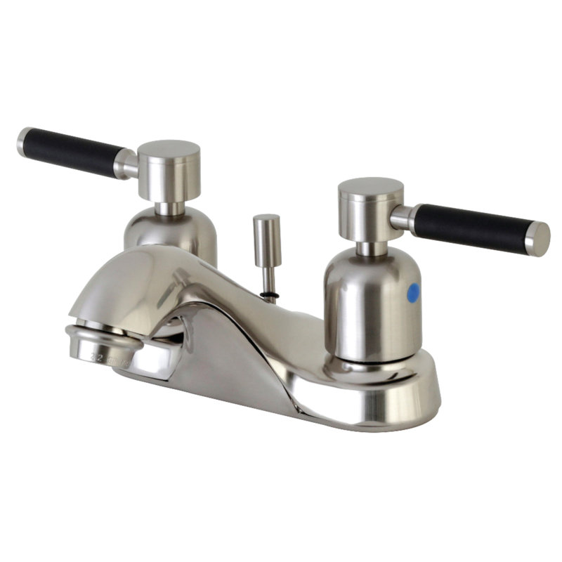 Kingston Brass Kaiser Two-Handle 3-Hole Deck Mount 4" Centerset Bathroom Faucet with Plastic Pop-Up, Brushed Nickel