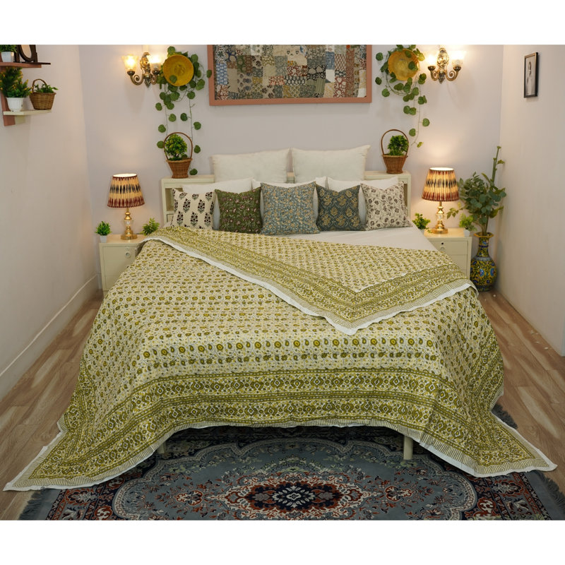 Fabdivine Luxury Block Print Cotton Quilt Floral Boho Bedding for Bedroom & Sofa, Moss, Cal King