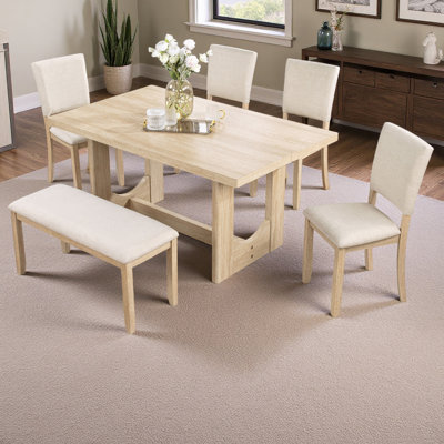 Ensemble de table de salle à manger 6 pièces avec banc, ensemble de table de cuisine rectangulaire en bois avec banc et 4 chaises rembourrées pour le salon, la cuisine, la salle à manger, la base en forme de U