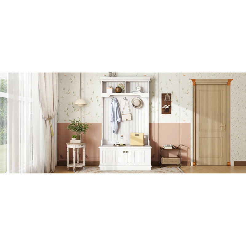 Hall Tree With Storage Shoe Bench For Entryway And Hallway, 4-In-1 Design Coat Racks With Hooks For Living Room, White