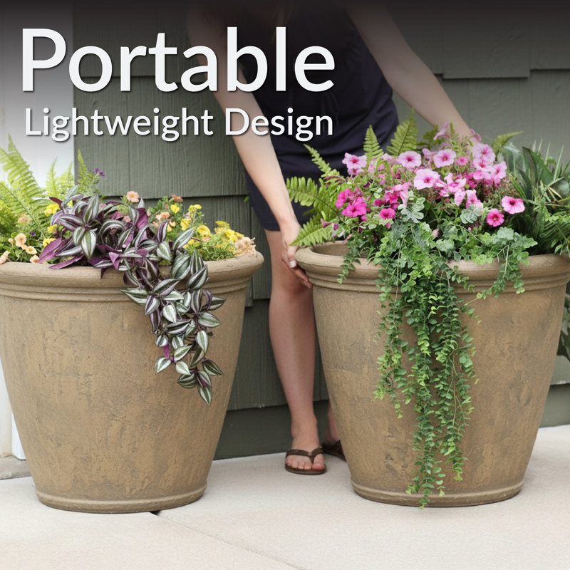 Blough 24" x 24" x 20" Round Polyresin Outdoor Planter Pot - Beige, 24 in, Beige, Set of 1