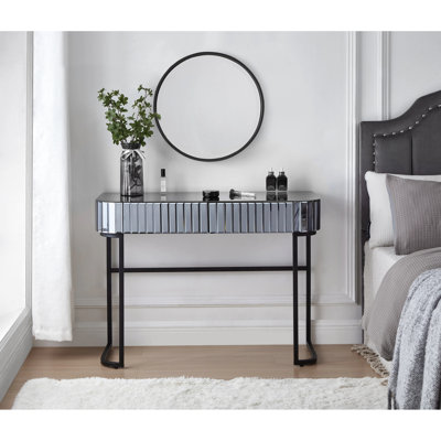 39" Mirrored Makeup Vanity Table With Stainless Steel Base, 2 Drawers - Gray, Ideal For Bedroom And Office Copious Storage Possibilities Gray Dressing Desk Base. Drawer Storage. Modern & Versatile.