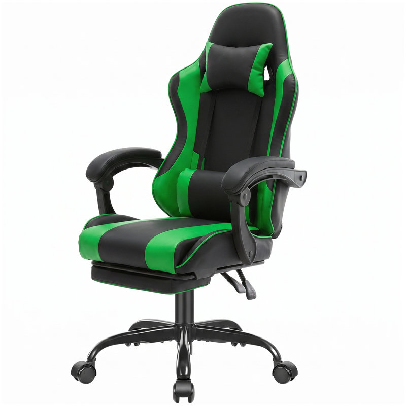 Fauteuil de jeu ergonomique de type course avec repose-pieds rétractable, accoudoirs articulés, inclinaison à 135°, hauteur réglable, pivotement à 360°, charge maximale de 181 kg (400 lbs) pour le bureau et le jeu.