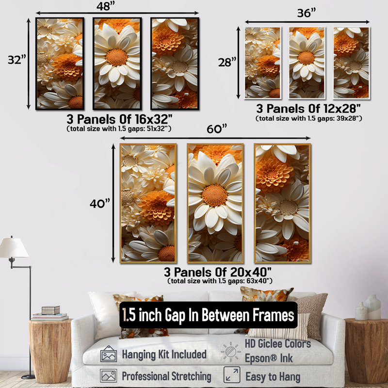 «White and Orange Daisy Flower Serenade - Daisies», ensemble d'art sur toile, H 28 po x l 36 po x P 1 po, Cadre flottant noir