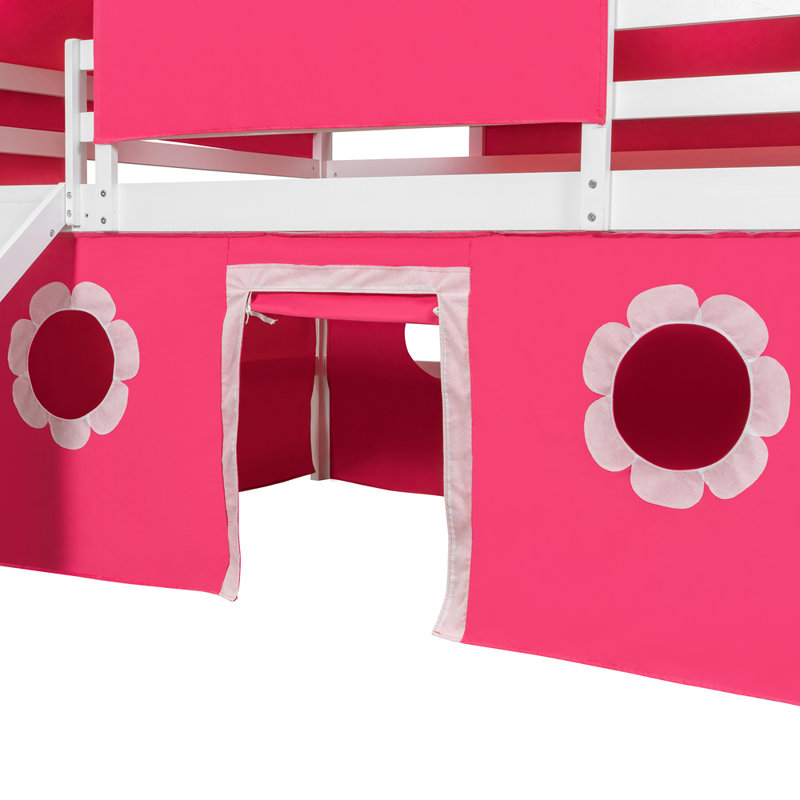 Lit mezzanine pleine grandeur rose, avec tente et tour coulissantes roses, espace de couchage à plusieurs niveaux, aire de jeu intégrée, fabrication robuste, le choix parfait pour une chambre à coucher créative.
