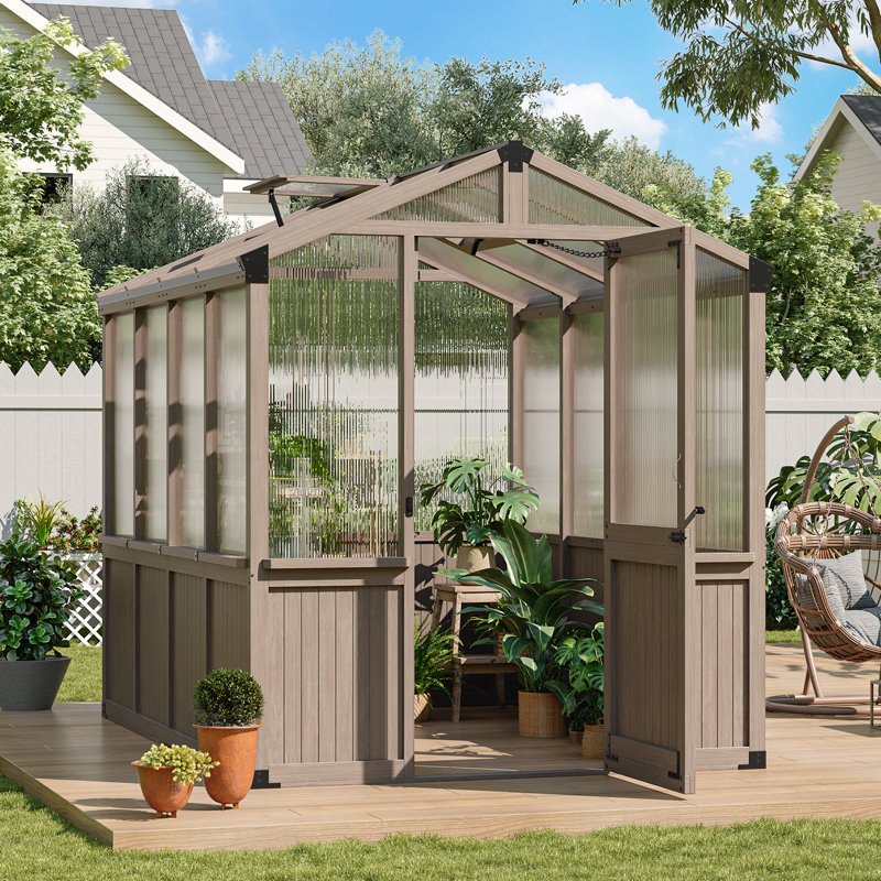 Wooden Greenhouse,polycarbonate Walk-in Outdoor Greenhouse, 7.05' H x 6' W x 8' D