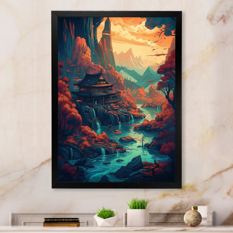 «Mountain Top Asian Inspired Home II», reproduction sur toile, H 40 po x l 30 po x P 1,5 po, Cadre simple noir