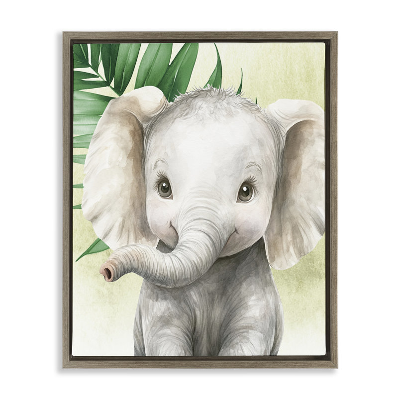 «Jungle Friends Baby Elephant», art mural encadré par Floater, H 21 po x l 17 po, Cadre flottant orme Montalcino