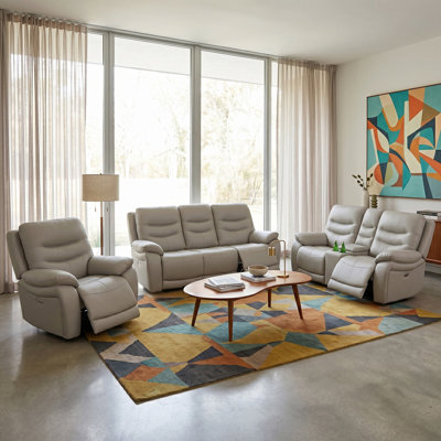 Ensemble de canapé de salon inclinable 3 pièces en cuir végétalien gris clair Nova avec porte-gobelets et lumières DEL Nova
