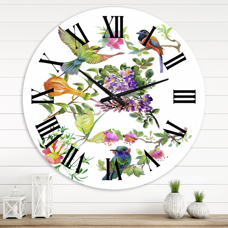 Fleurs tropicales et oiseaux colorés II - Horloge murale traditionnelle, Moyenne
