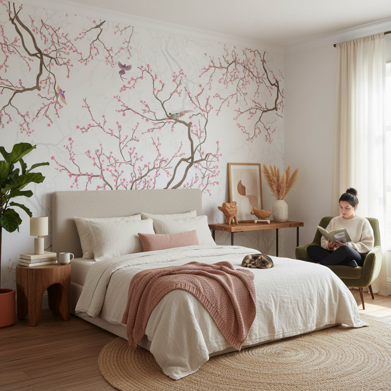 Papier peint floral, double rouleau mural cerisiers en fleurs amovibles, L 108 po x l 140 po