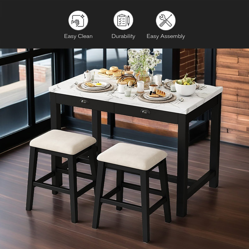Ensemble de table de bar 3 pièces moderne en faux marbre avec tiroirs de rangement et tabourets rembourrés, idéal pour les coins repas ou les petites cuisines