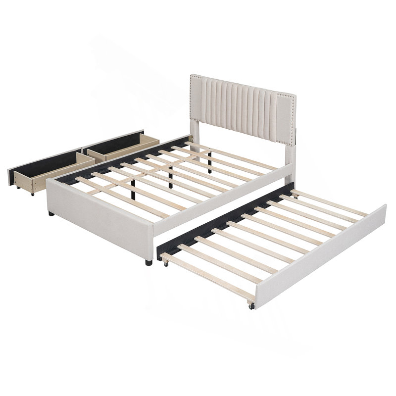 Lit plateforme tapissier avec 2 tiroirs et 1 lit gigogne, Beige, Lit double