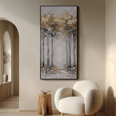 Très grand imprimé mural sur toile - Élégant paysage de forêt brumeuse avec de grands arbres et un feuillage d'automne doré, décoration murale moderne d'inspiration naturelle pour le salon ou la chambre à coucher - «Assemblage requis du cadre (cadre non fini)»
