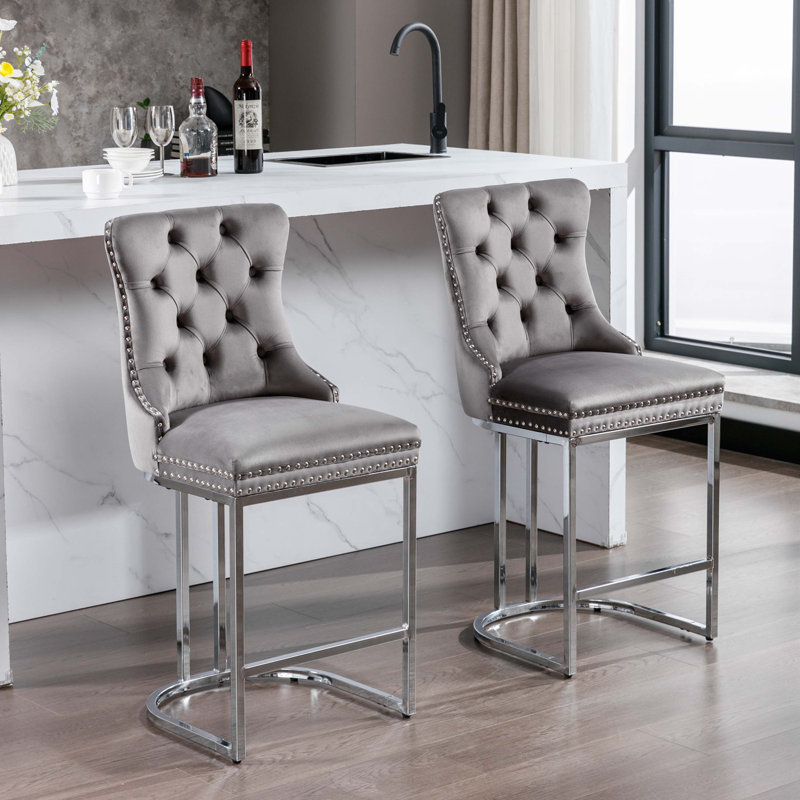 Adam 26" Counter Height Bar Stools Set of 2, Modern Velvet Barstools with Button Back&Rivet Trim Upholstered Kitchen Island Chairs with Sturdy Chromed Metal Base Legs Farmhouse Bar Stools, (2 Pack)