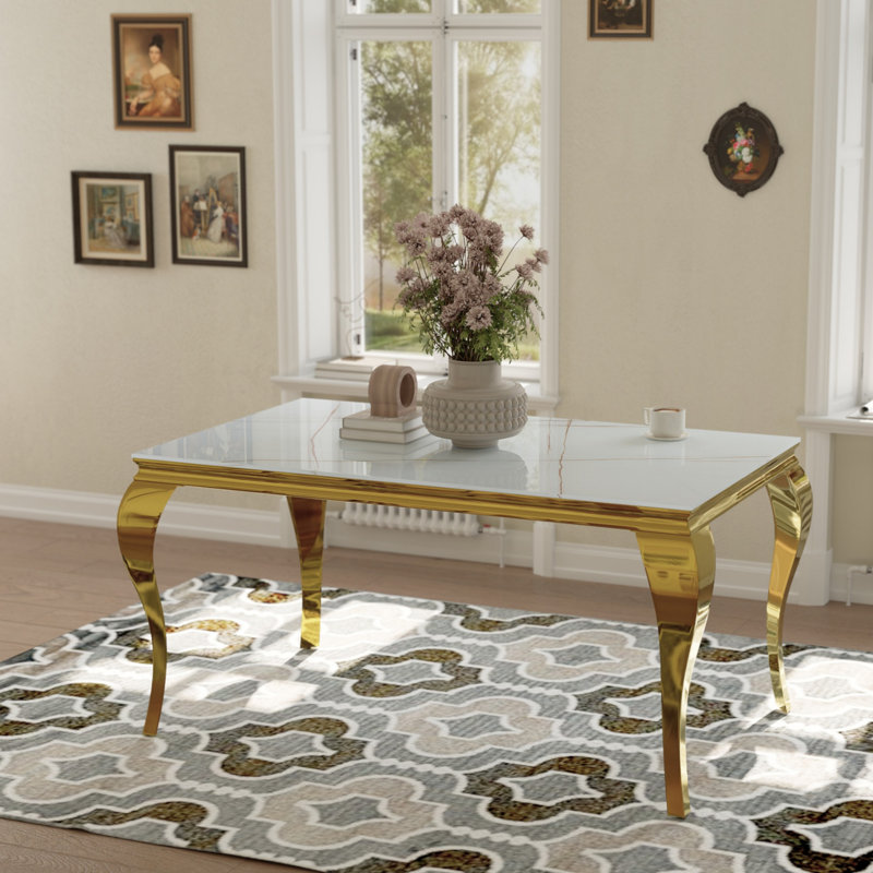 Keiann Glass Top Metal Base Dining Table, Gold