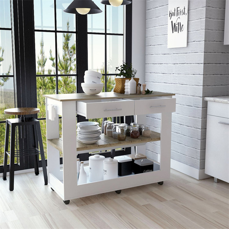 Kitchen Island 36" H, Six Casters, Two Drawers, Two Open Storage Shelves, Towel Hanger, Light Oak, White