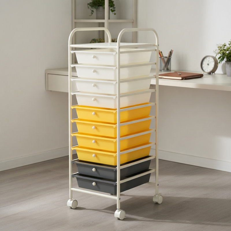  Chariot de rangement roulant à 10 tiroirs avec roulettes verrouillables, structure en acier robuste, tiroirs en plastique coulissants pour la maison, le bureau et le garage, beige et jaune