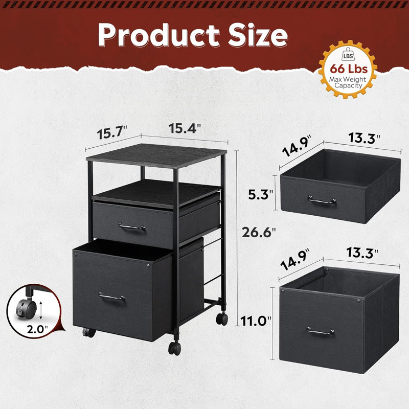 2 Drawer Mobile File Cabinet, Fabric Vertical Filing Cabinet With Open Storage Shelf,Rolling Printer Stand, Black
