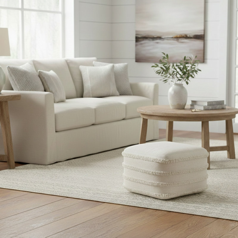 Assal Everyday Handmade Tufted Cotton Square Upholstered Pouf, Small, Beige