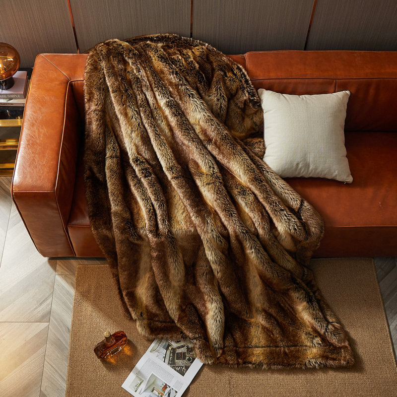 Couverture luxueuse en fausse fourrure, Brun, Grand lit