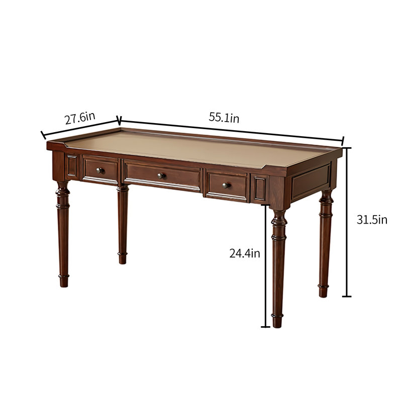 Bureau élégant en noyer massif à 3 tiroirs avec finitions en zinc et laiton, 31.5" H x 55.1" W x 27.6" D