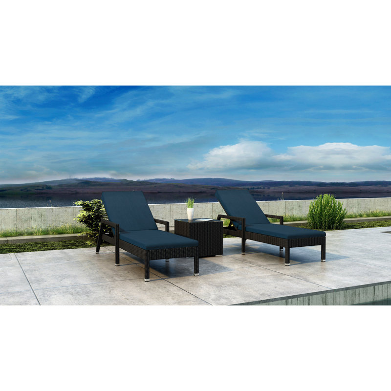 Thornaby Outdoor Wicker Chaise Lounge Set with Table , Cushion Included, Spectrum Indigo Sunbrella®, Coffee Bean