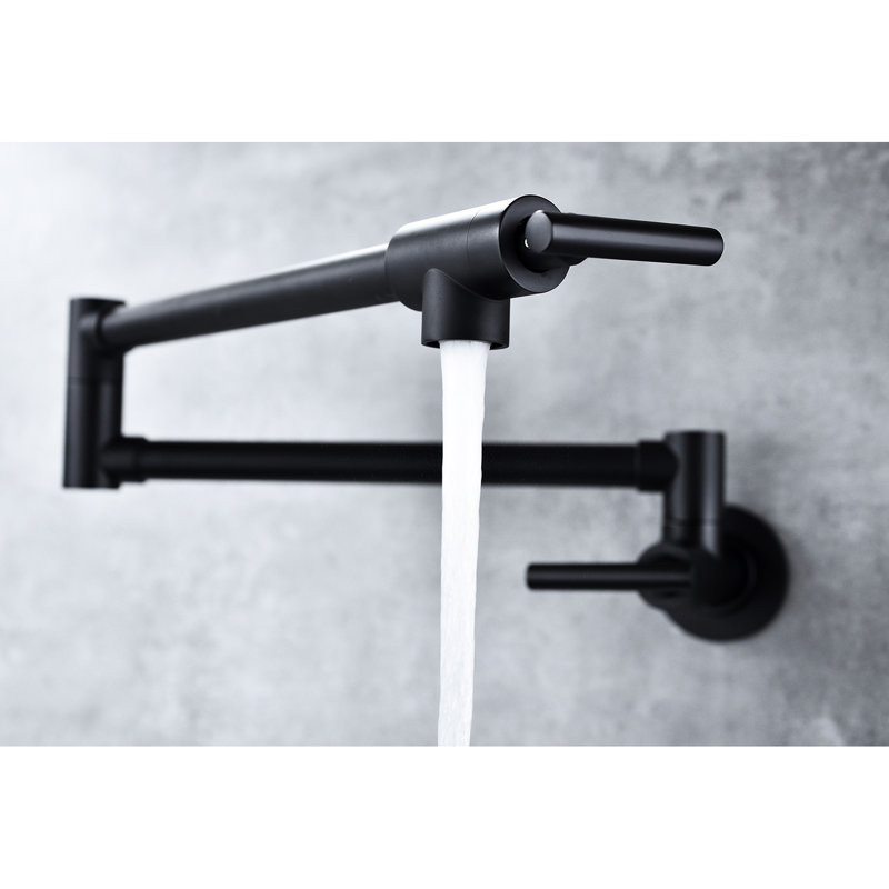 Wall Mounted Folding Pot Filler Faucet In Matte Black, Brass, 360 Rotatable For Kitchen, Double Handles Convenient Water Management And Dripping, Surface Treated To Corrosion Black Mounted, Brass