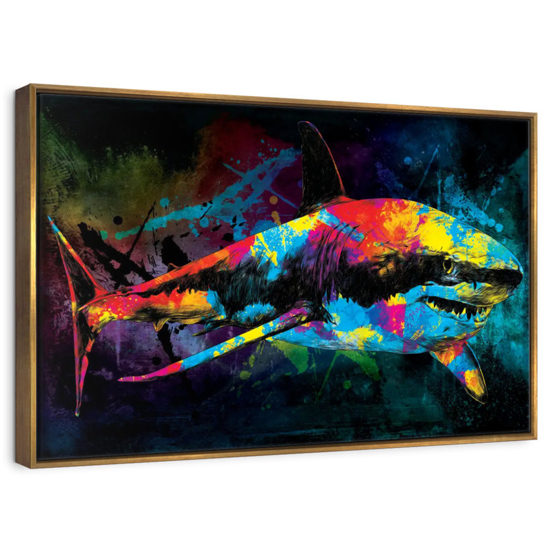 Great White Shark Color Grunge, Floating Frame Gold, 13" X 9"