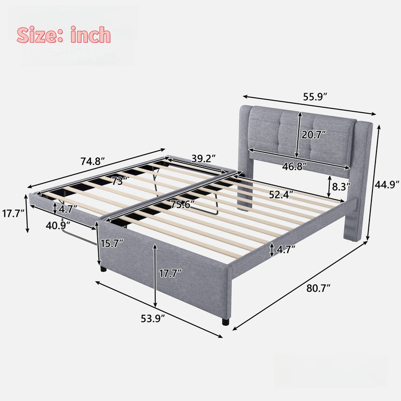 Lit plateforme avec lit gigogne multifonctionnel Velin Upholstery, Gris