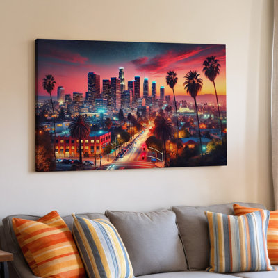 Los Angeles City Skyline Sunset Urban Palm Trees Decor Canvas Wall Art Print For Living Room, Bedroom, Office, Hallway, Entryway, Gallery Wall And Modern Home Decor
