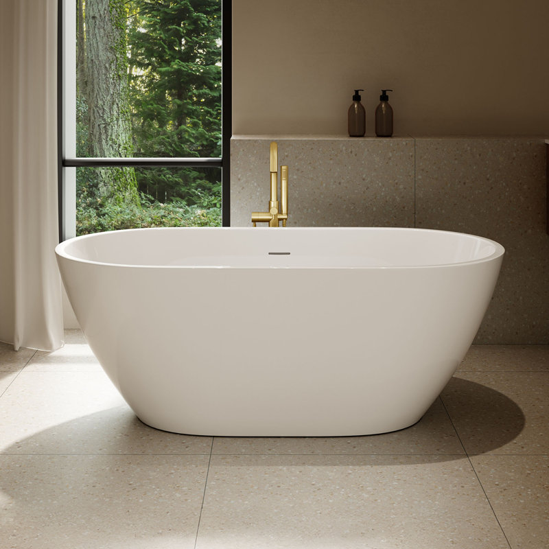 Ayago 59.06" x 28.35" Solid Surface Freestanding White Acrylic Soaking Bathtub, with Overflow and Brushed Gold Pop-up Drain