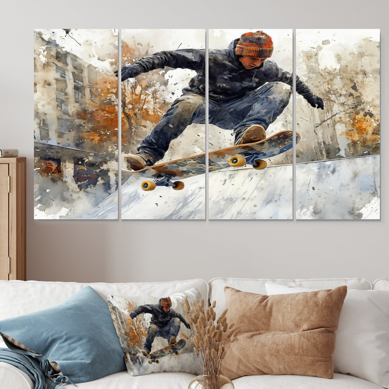 «Black Skateboard Street Accents With Orange II», ensemble d'art sur toile Skateboard, H 28 po x l 48 po