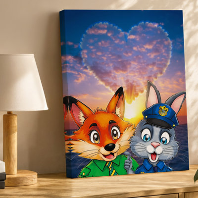 Reproduction d'art sur toile, "Scène animée" avec deux personnages anthropomorphes et un renard