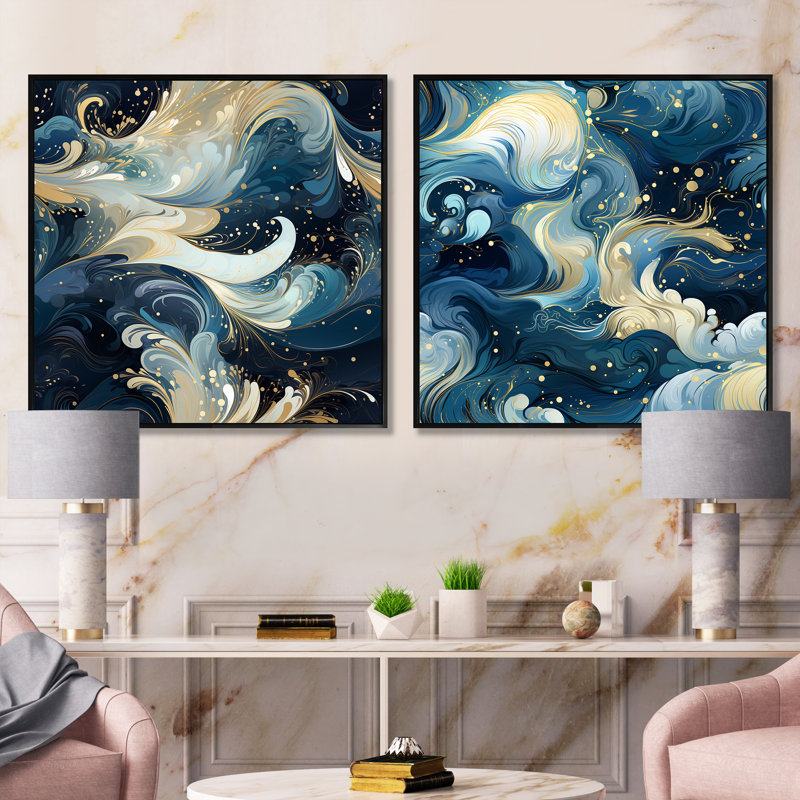 Lily - Ensemble de 2 collages carrés abstraits, Cadre flottant noir, H 30 po x l 61 po