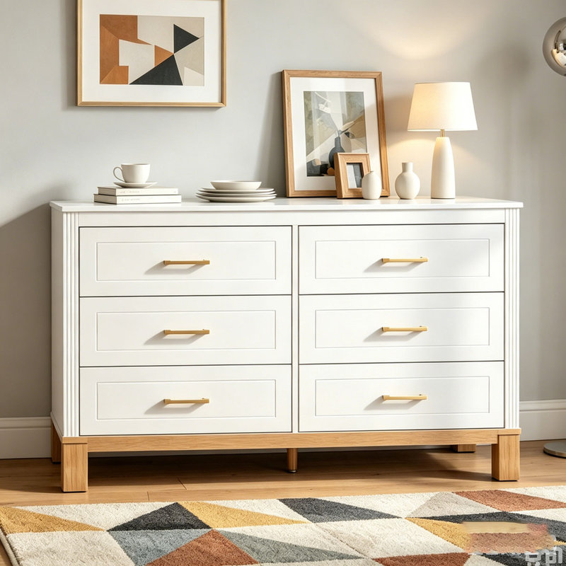 Commode double 6 tiroirs, armoire de rangement moderne avec poignées en métal et pieds en bois massif, Blanc