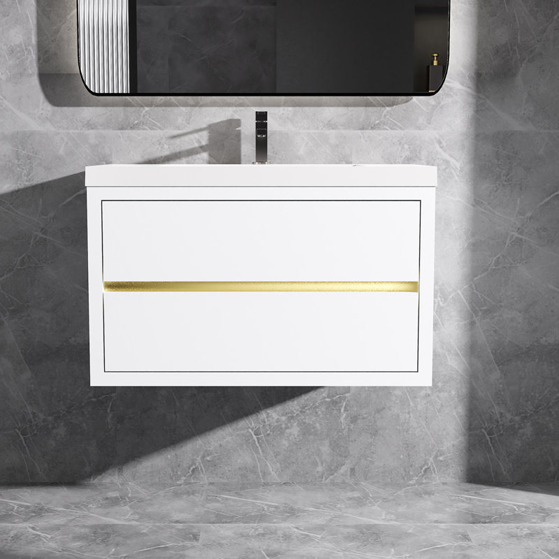 Meuble-lavabo mural flottant en chêne naturel avec surface de lavabo simple en blanc, Blanc, 36"