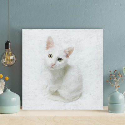 Chat blanc - 1 pièce, impression carrée sur toile tendue