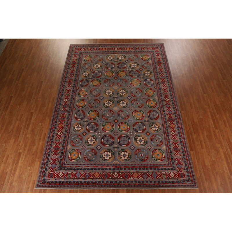 Tapis unique en laine noué à la main 9 pi 9 po x 14 pi 2 po nouvel âge en rouge / gris / jaune
