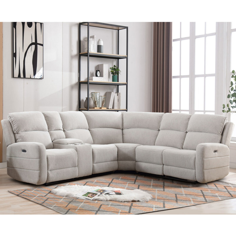 Ibach 3 - Piece Modern and Overstuffed Soft Power Reclining Sectional with Cupholders and Storage, Beige Polyester Blend