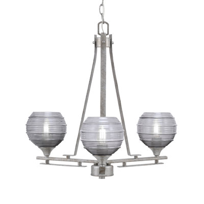 Uptowne 3 Light Uplight Chandelier Shown In Aged Silver Finish With 6" Smoke Ribbed Glass