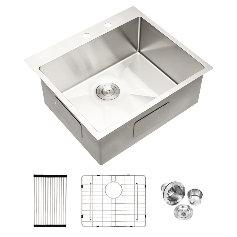 Évier de cuisine encastré de 25 po en acier inoxydable, calibre 16 et durable, extérieur résistant aux égratignures, système de drainage efficace, comprend un gabarit de grille de vaisselle stable, coins ronds R10, drainage facile à nettoyer, panier