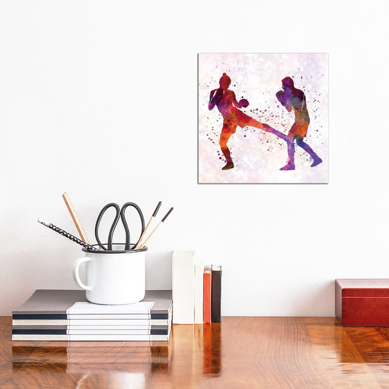 Woman Boxer Boxing Man Kickboxing Silhouette Isolated II by Paul Rommer - Wrapped Canvas Painting