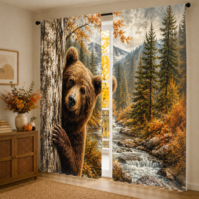 2Pcs Cute Bear Forest Landscape Curtains, Realistic Wildlife Scene Print, Light Filtering Fabric, Rod Pocket Design, for Living Room Bedroom Balcony Home Decor