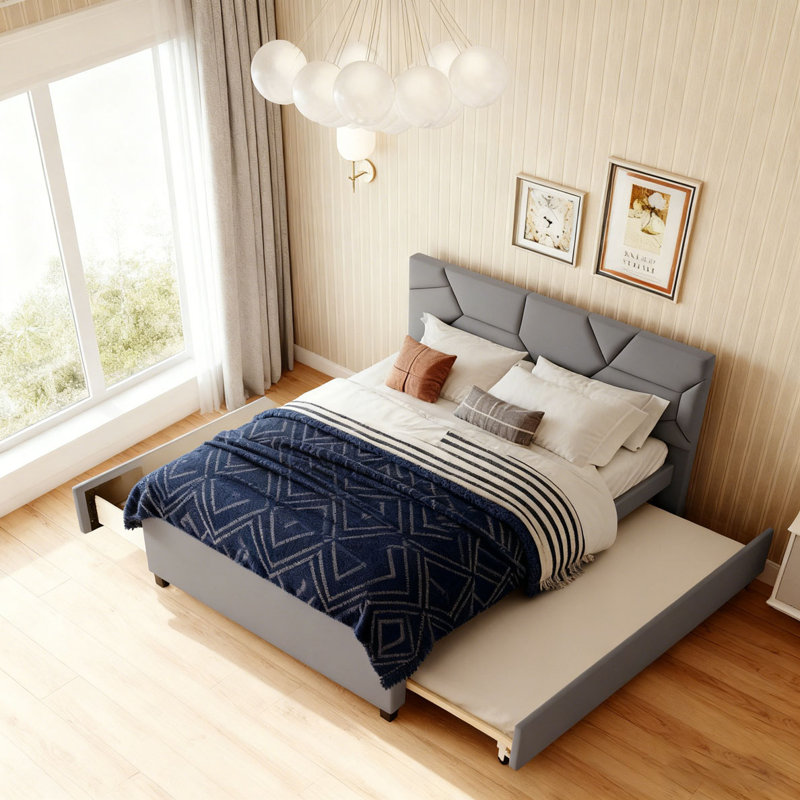 Lit plateforme tapissier avec tête de lit à motif brique, gigogne simple et 2 tiroirs, gris