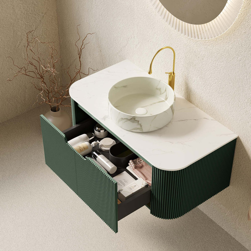 Meuble-lavabo flottant avec rebords courbés et armoire de rangement rayée, 36" W